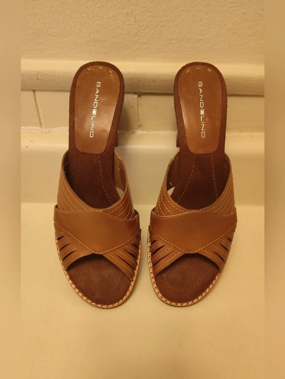 Women's Bandolino Brown Leather Boho Heel Sandals Size 7.5